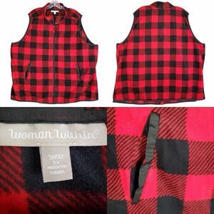 Woman Within Vest Multicolor Plaid Fleece Full Zip Pockets Women's Plus Size 3X